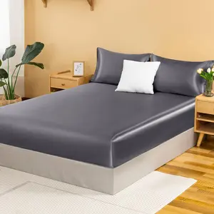 Satin Fitted Sheet Full, Single Silky Fitted Sheet Only Soft Deep Pocket Bottom Bed Sheets, Wrinkle Free & Fade Resistant & Breathable Bottom Sheets- Grey