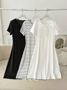 Women's & Striped Loose Dress Sleepwear Loungewear Set, Soft Comfortable Casual Nightgown, 3-Piece Ensemble for Everyday Wear