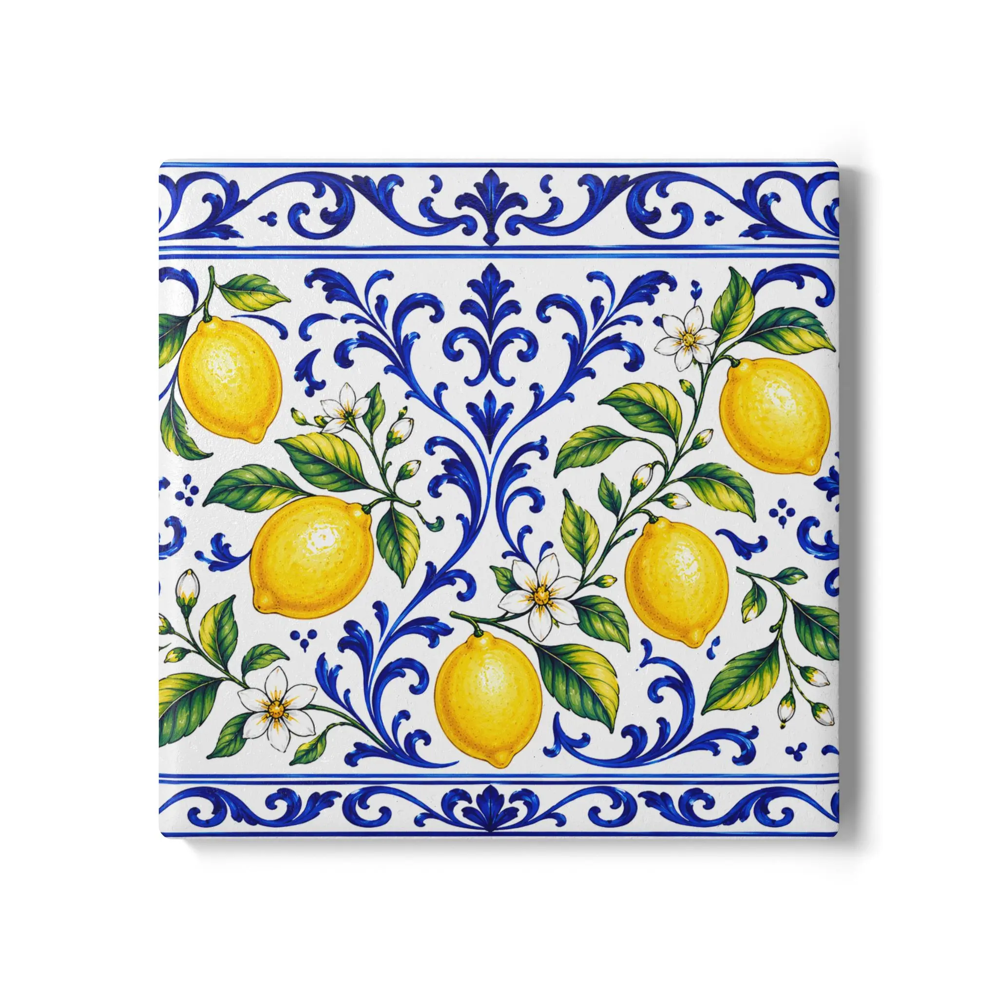 Classic Mediterranean Blue-White Round Ceramic & Cork Coaster, Lemon Print Glossy Glaze Tableware for Everyday Kitchen Use