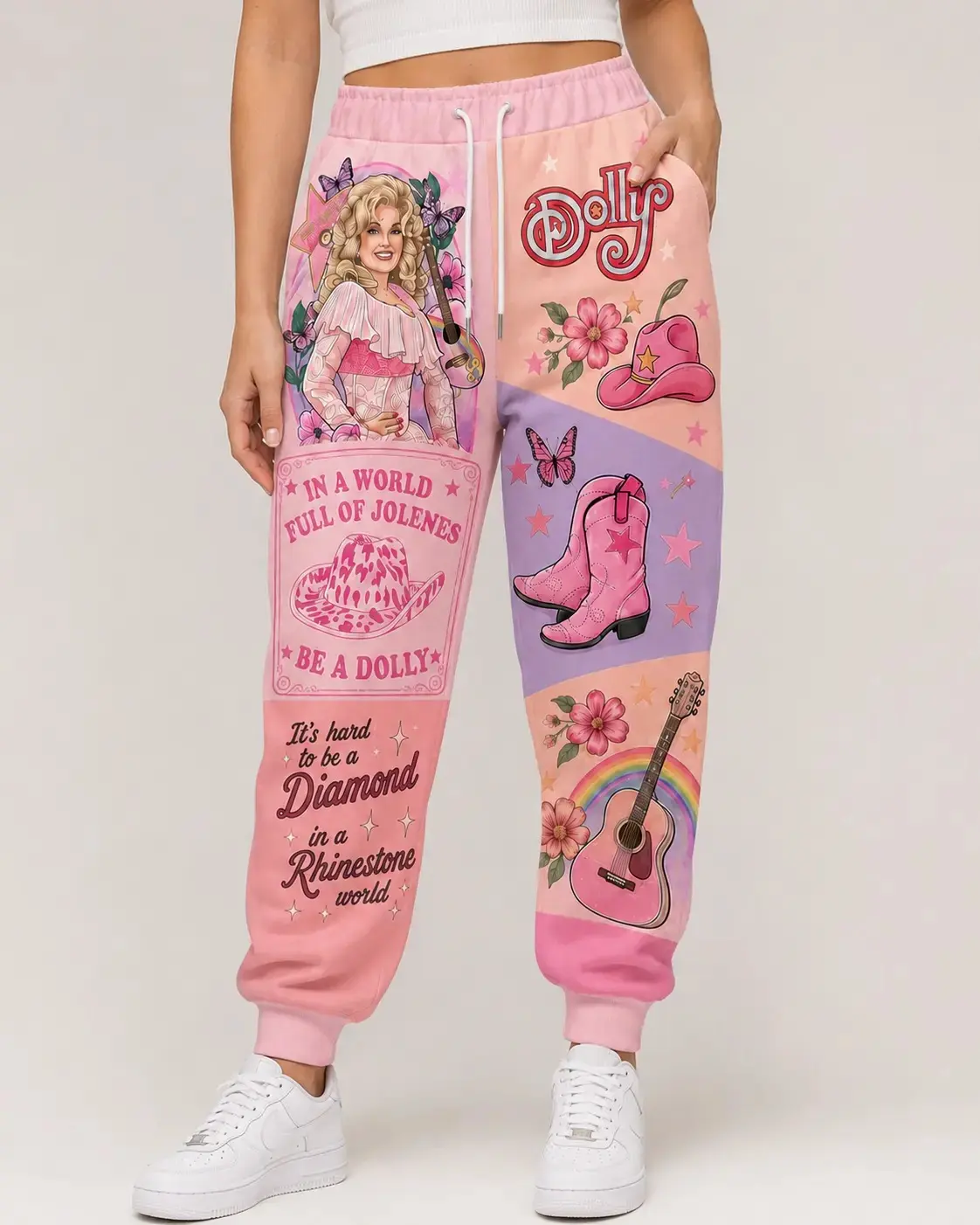 Dolly Parton Sweatpants | Vintage Country Music Fan Apparel | Pastel Pink Patchwork style Joggers | Retro Western Graphic Pants