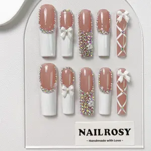 10Pcs Handmade Press on Nails Long Stiletto Acrylic Beach Essentials Nail Supplies Fake Nails Stickers (Random Packaging Card)3D Floral Manicure Y2K Cute Suitable For Girls And Women Festivals Parties And Daily Wear Gems Stuff French Gems Stuff, Diy Nail