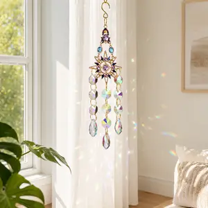 Hangable Celestial Crystal Suncatcher - Glass-Metal Frame Light-Refracting Colorful Rhinestone Sun-and-Moon Hanging Prism, Rainbow Maker Window Decoration for Room, Boho Home Decor, Unique Gift for Crystal Lovers