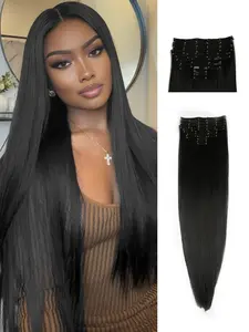 20-Inch Seamless Clip-In Hair Extensions — Long, Straight, Black & Brown Invisible Wire Hairpiece Set — Natural-Look Synthetic Hairpieces for Women — Full-Head Clip-In Wig Set (8 Pieces, 18 Strands) — Ideal for Music Festivals