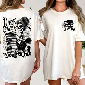 Dark Romance Book Club Skeleton T-Shirt, Funny Halloween Book Lover Sweatshirt, Spooky Witch Messy Bun Skull Hoodie, Bookish Merch