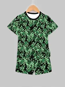 Kids 2 Piece Short Set, Minecraft Creeper All Over Print Graphic T-Shirt and Shorts Outfit for Boys