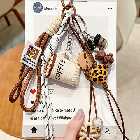 Croissant Bread Bag Charm + Leopard-Print Heart Design, Two-Tone Braided Rope Maillard Color Palette, Korean Retro Style Design for Bags and Keys, Trendy Bag Charms