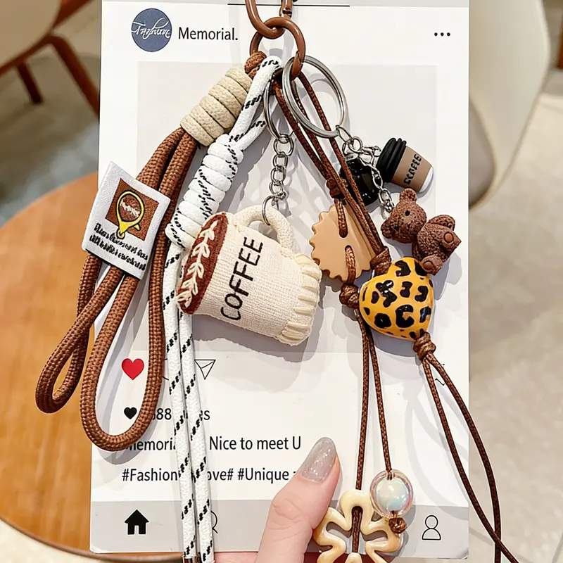 Croissant Bread Bag Charm + Leopard-Print Heart Design, Two-Tone Braided Rope Maillard Color Palette, Korean Retro Style Design for Bags and Keys, Trendy Bag Charms