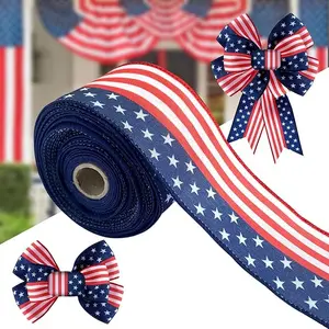 Independence Day Wired Ribbons 2.5 Inch ×10 Yards, Patriotic Wired Edge Ribbons American Stars Pattern Ribbon Natural Burlap Ribbons 4th of July Craft Ribbons Bows for Gift Wrapping Memoria