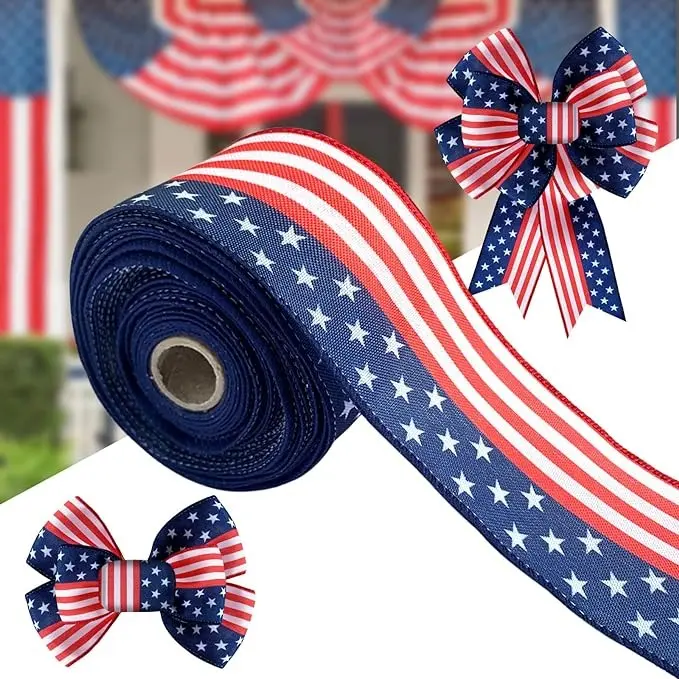 Independence Day Wired Ribbons 2.5 Inch ×10 Yards, Patriotic Wired Edge Ribbons American Stars Pattern Ribbon Natural Burlap Ribbons 4th of July Craft Ribbons Bows for Gift Wrapping Memoria