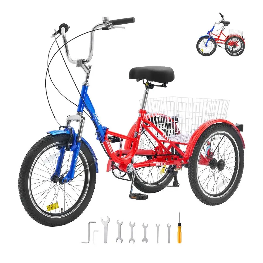 【Summerfinds】 Adult 20-Inch 7-Speed Carbon Steel Folding Trike Bicycle with Foldable Frame, Large Basket, Adjustable Seat, Bicycle Parts, for Senior Shopping & Picnic Usedealsforyoudays