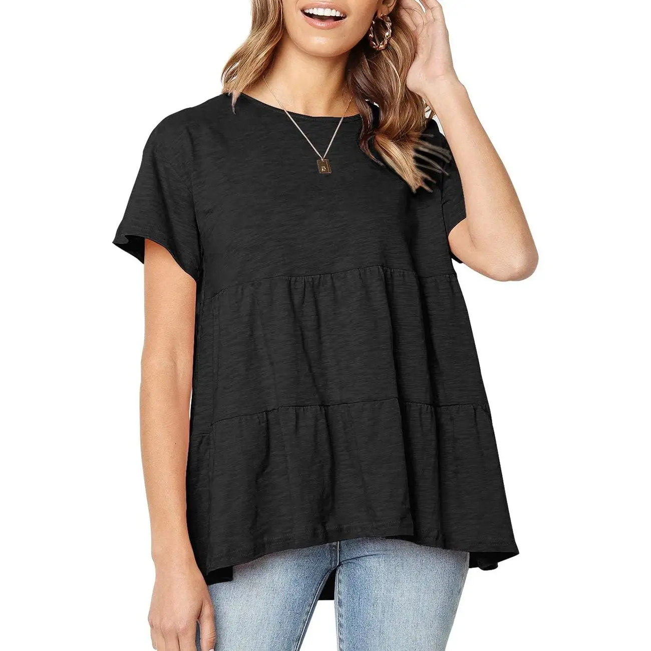 Women's Loose Babydoll Tunic Top, Casual Short Sleeve Cotton Peplum Blouse with High-Low Ruffle Hem, Shortsleeve, Round Neck, Elastane, Tunic Length, Babydoll Peplum Blouse, High-Low Hem, Shirt, Comfortable Cute Versatile, Cold Wash, Flared Hem Pleated Ru