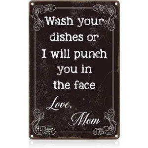 Funny Vintage Metal Tin Signs, Hummor Metal Poster For Kitchen Wall Decor, Wash Your Dishes Or I Will Punch You In The Face Sign Wall Art For Women Home Kitchen, 12x8 Inches aluminum
