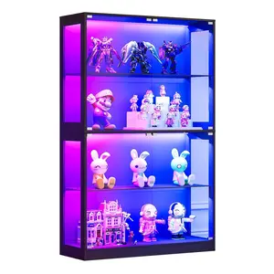 [MothersDayGift]VanAcc Display Cabinet with RGB Lights, 4-Tier Storage Display Case for Collectibles, Adjustable Shelves, MDF and Tempered Glass, Black#SummerVibes