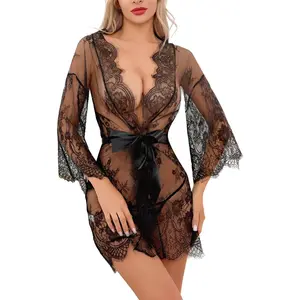 【New Store Deal: Buy One Get One Free】Special Occasions & Daily Layering!Narcisse Women's Lace Kimono Robe Mesh Nightgown Chemise Babydoll Cover Up Purple/Black/Red Robe with Belt/Valentine's Day Gift/ Womenswear/ Nightwear/ Loungewear/ Vneck