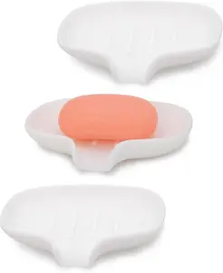 3 Pack Soap Bar Holder, Self Draining Soap Dish, Quick Drainage, Soap Dishes for Bathroom, Shower, Silicone Soap Tray for Kitchen, Dishwasher Safe (White)