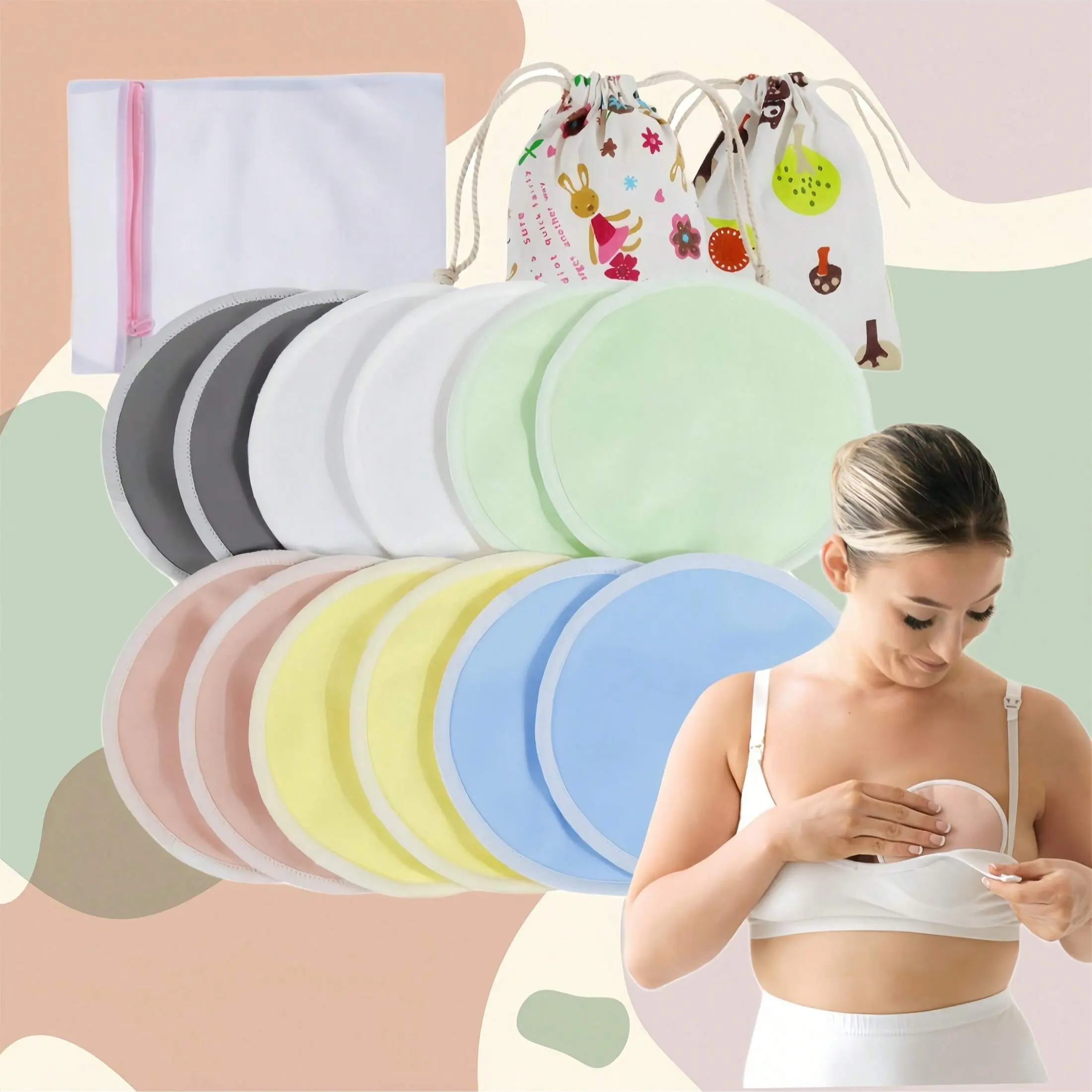 12-Piece (6 Pairs) Nursing Pad Set, Includes Laundry Bag & Cloth Bags, Washable Organic Bamboo Fiber, Reusable Soft Absorbent, Removable Breast Pads, Breastfeeding Pads, Postpartum