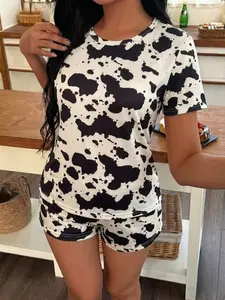 Women's Short Sleeve Striped Pyjama Set, Printed Pajama Set, Loose-Fitting Sleepwear, Casual Nightwear, Full Print Cow Pattern, Comfortable Loungewear, Cute Loungewear, Pjs, Pajamas, Homewear, Womenswear