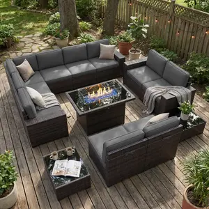LayinSun 13 Pieces Outdoor Patio Furniture Set with 44" Fire Pit Table Brown Rattan Sectional Sofa Conversation Sets