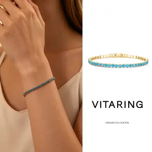 14K Gold Plated 3mm Synthetic Turquoise Classic Tennis Bracelet - Hypoallergenic Gold Bracelets for Women - Size Approx. 6.7 Inch (17 cm) - Synthetic Turquoise Tennis Bracelets