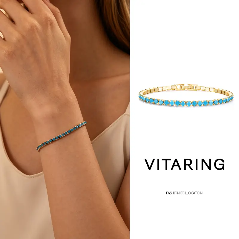 14K Gold Plated colorful Synthetic Turquoise Classic Tennis Bracelet - Hypoallergenic Gold Bracelets for Women Synthetic Turquoise Tennis Bracelets