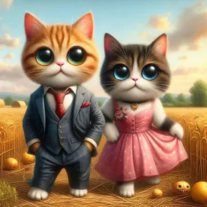 5D DIY Full Drill Round Diamond Painting - Diamond Art Kit Cute Cat Couple Kitty Mosaic, Canvas - DIY Decorative Painting, Home Wall Decor, Suitable for Halloween and Christmas, Birthday and Anniversary Gifts, Diamond Painting Kits