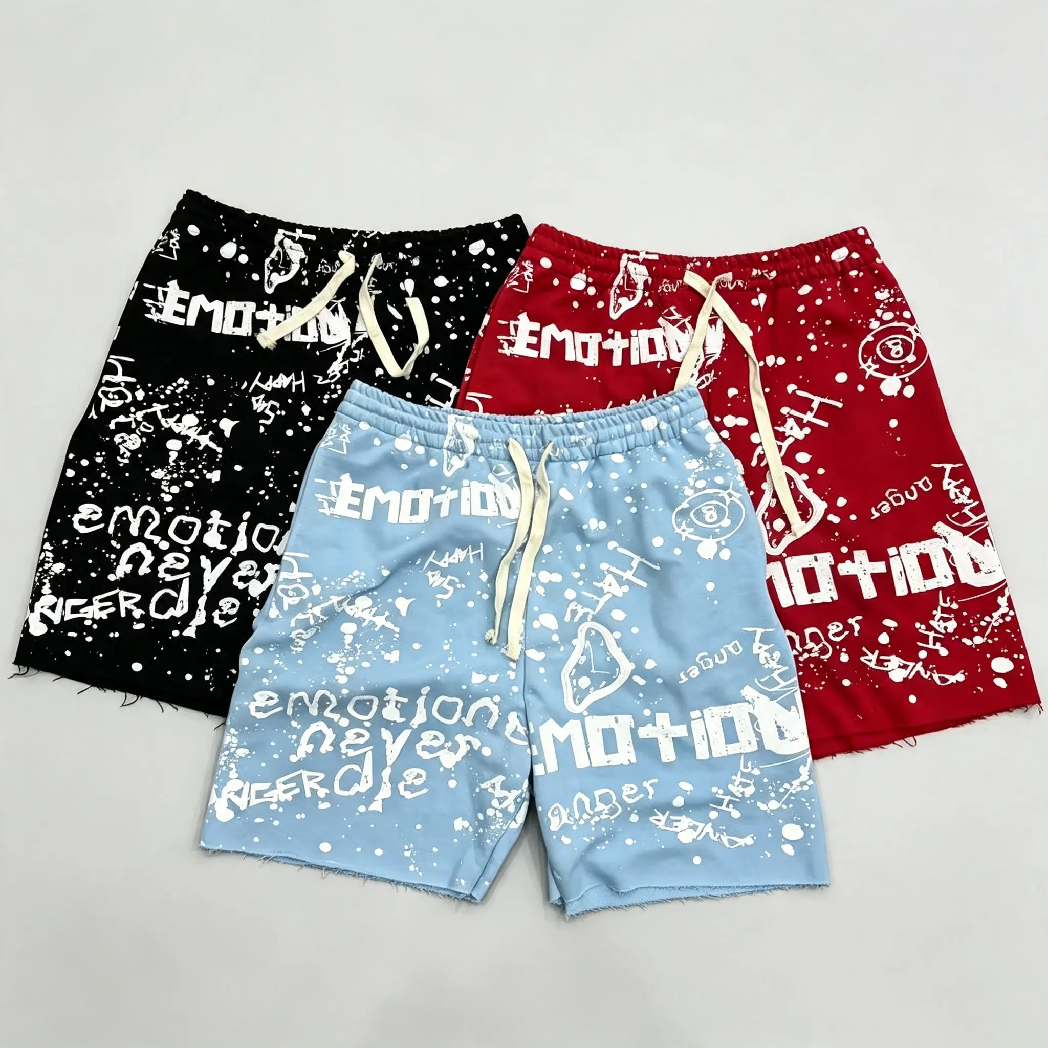 MIXED EMOTION 100% Cotton Certified Graffiti Print Sweatshorts Raw Hem Paint Splatter Y2K Streetwear Standard Fit