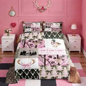 Hunting Pink Girls Bedding Set ,Mallard Duck Pink Bow Comforter Set for Kids Teens Room Camo Decor Farmhouse Rustic Bed Set