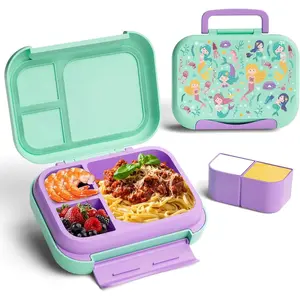 Kids Bento Lunch Box 5-Compartment Leakproof Container with Handle Movable BPA-Free Snack Box Utensils Included Dishwasher Microwave Safe for Kids Adults School Office Travel Green