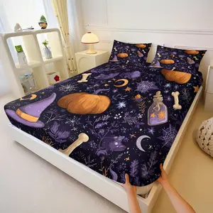 Fashion Witch Magic Themed Cartoon Fitted Sheet Set, Non-Slip Design, Dark Cute Style, Ideal for Kids & Teens' Fantasy Bedrooms