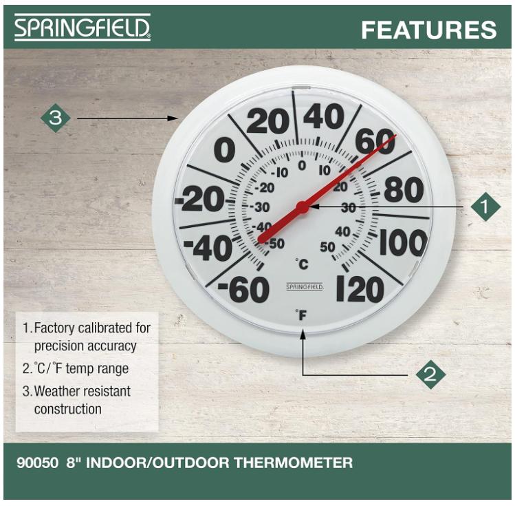 Indoor Outdoor Big and Bold Dial Thermometer, Wireless Thermometer with Easy to Read Large Numbers for Patio, Pool, and Indoor Areas, 8-Inch, White