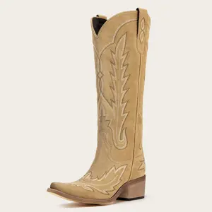 Beige Classic Tall Cowgirl Boots with Flame Embroidery Western Design Comfortable Heel Soft Fit for Women Snip Toe Side Zipper Breathable Mesh Lining