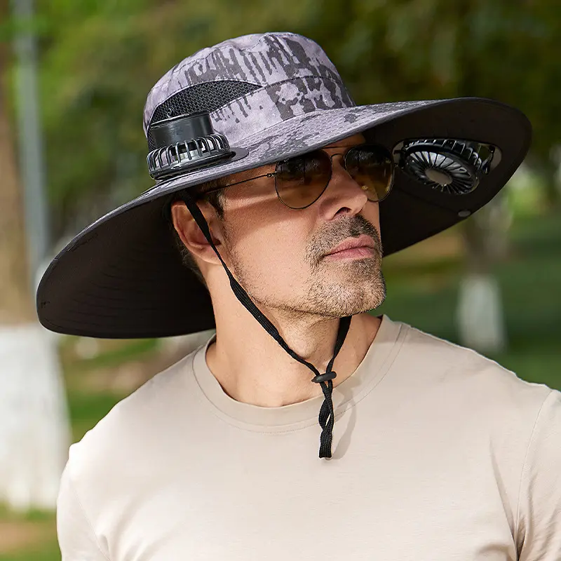 Home & Daily Use Solar Summer Cooling Hat with 2 built-in fans, wide brim for sun protection, bucket hat style, quick-drying and rechargeable, adjustable headband, cool and breathable with high airflow, long battery life,For daily use & garden parties