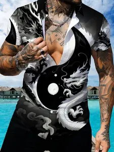 Black & White Tai Chi Dragon Pattern Short Sleeve Shirt, Men's Slim Trendy Print Top, Summer Fashion Personality Design
