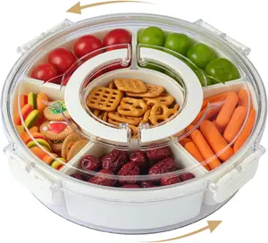 Divided Serving Tray with Lid and Handle, Round Rotating Snackle Box Container, 6-Compartment, for Fruits Candy Organizer, Portable Spinning Rounded Veggie Tray for Kitchen, Party, Trave and Picnic