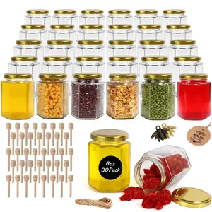 30 Pack 6oz Hexagon Glass Jars with Gold Lids for Jams Shower Favors Wedding Favors Craft Thickened Storage Containers Kitchen Canister with Wooden Dippers Decorative Charms Thank-You Stickers and Natural Twine