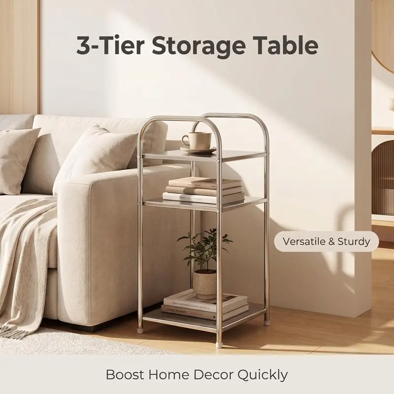 Modern Stainless Steel Side Table with Storage, Silver Nightstand, Home Storage Rack, Easy to Assemble, Space-Saving Design, No Power Required, Practical Shelf for Sofa Side & Bedroom