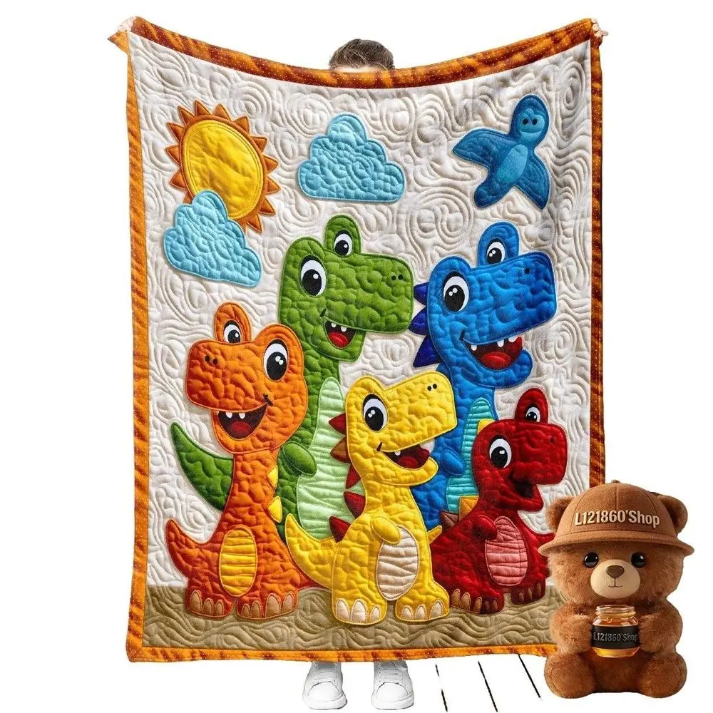 Colorful Cartoon Dinosaur Plush Blanket, Soft Comfortable Kids Bed Accessory, Ideal Gift for Dinosaur Lovers, Contemporary Style, Fluffy Blanket