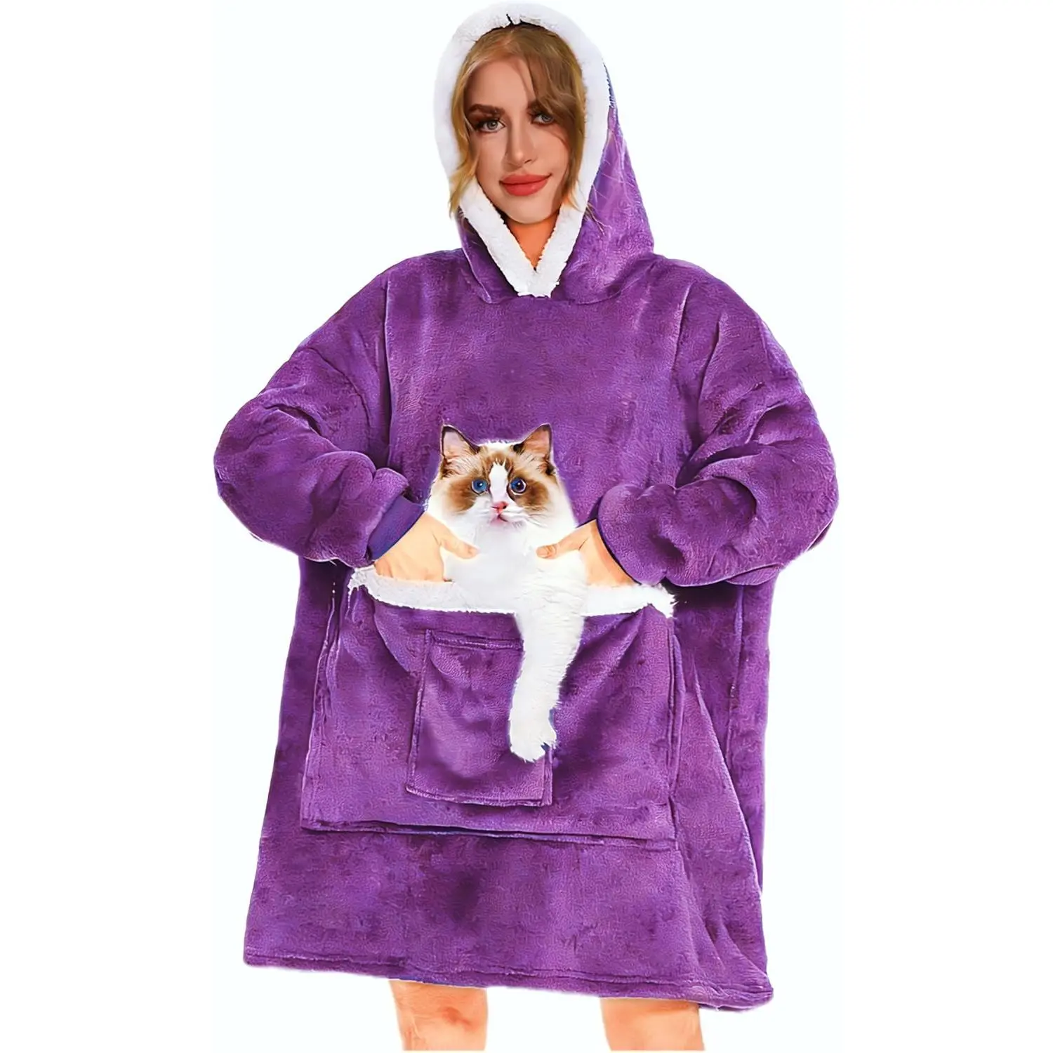 1-Piece Oversized Wearable Blanket Hoodie - Giant Sherpa Flannel, Soft Warm Fleece, Large Pockets, Cozy Hugs Gift for Men, One-Piece