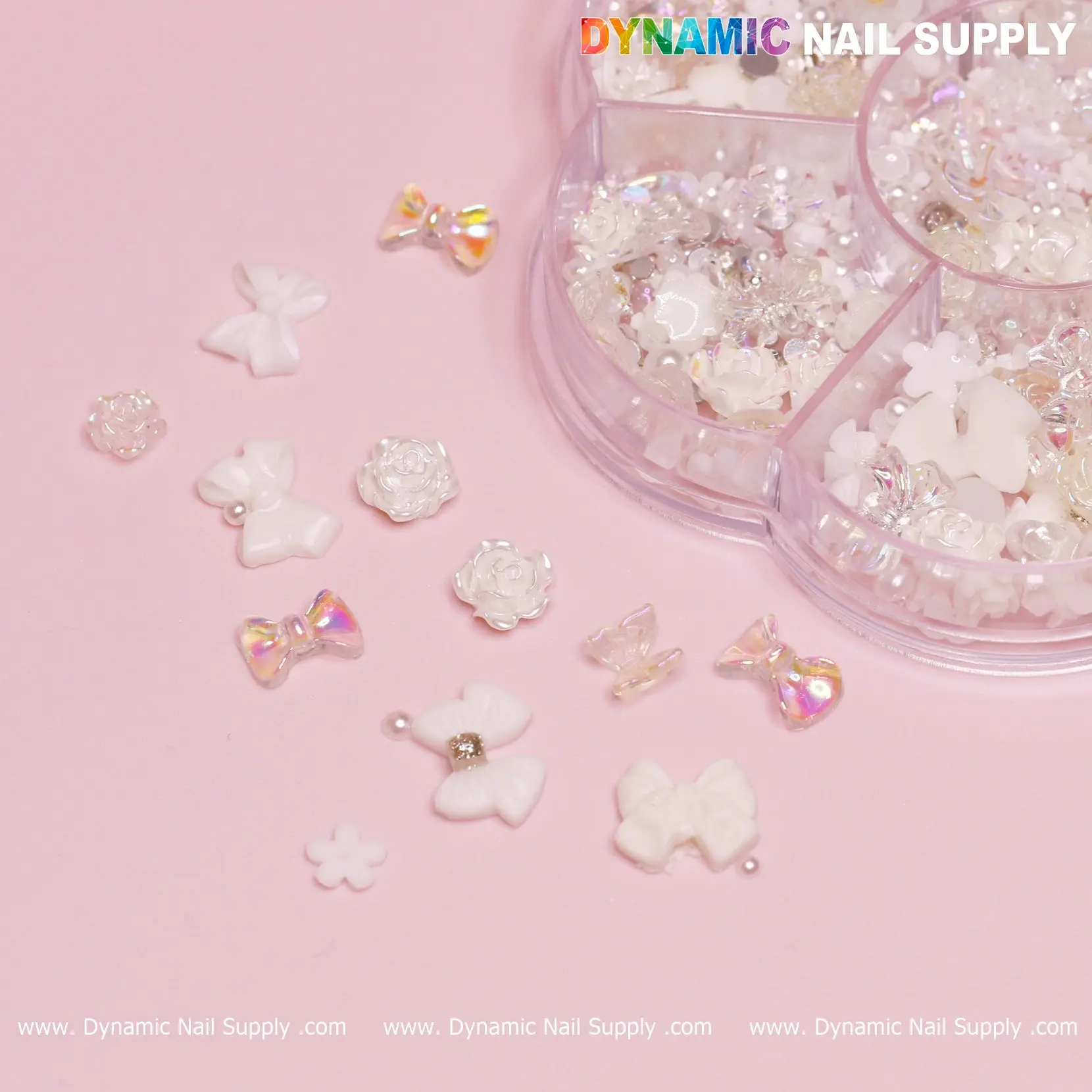 Iridescent White 3D Resin Flowers and Bows shape charms rhinestones for Spring Nails Art design