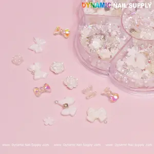 Iridescent White 3D Resin Flowers and Bows shape charms rhinestones for Spring Nails Art design