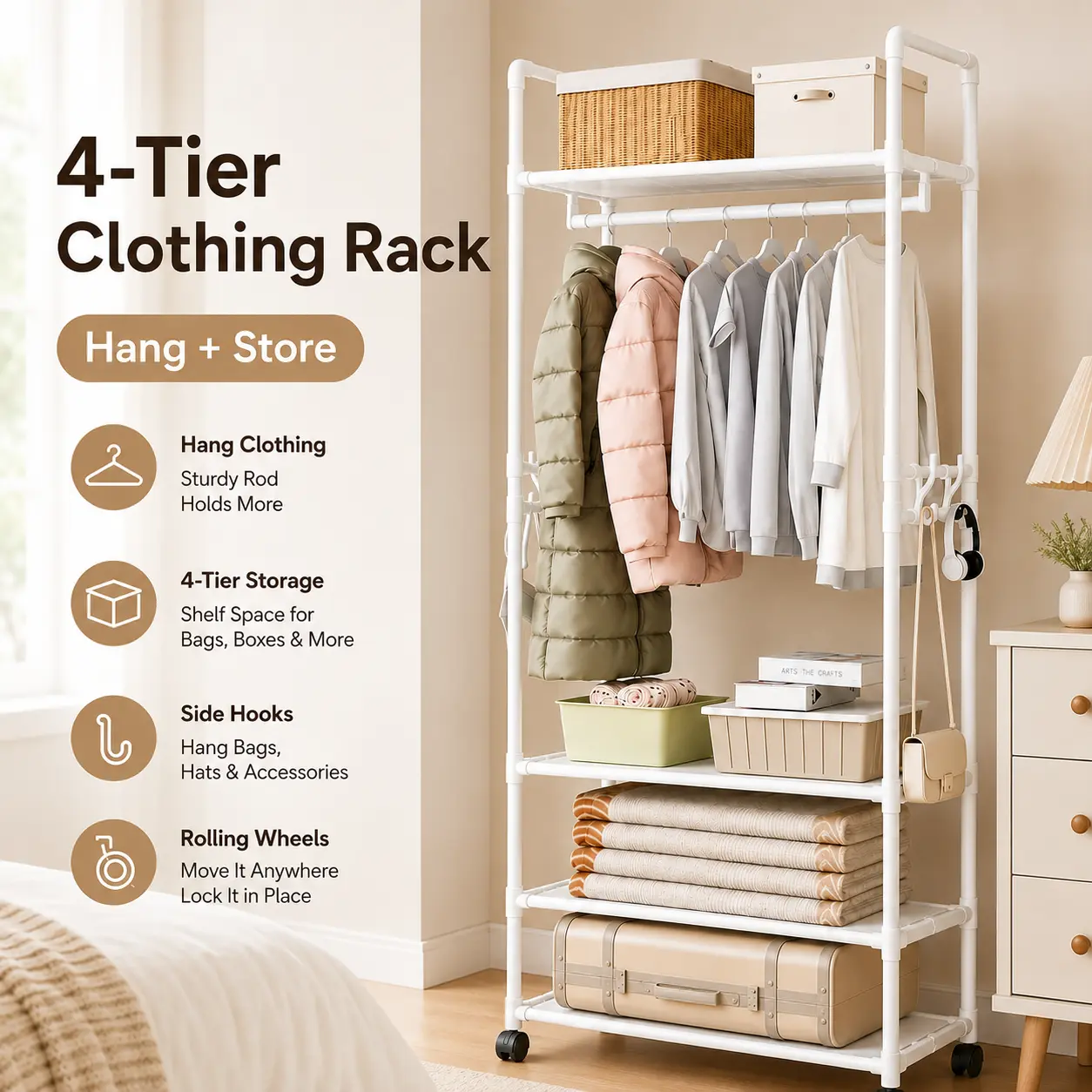 4-Tier Rolling Garment Rack for Home Organization, Featuring Hanging Rod, Storage Shelves and Side Hooks Laundry Hangable