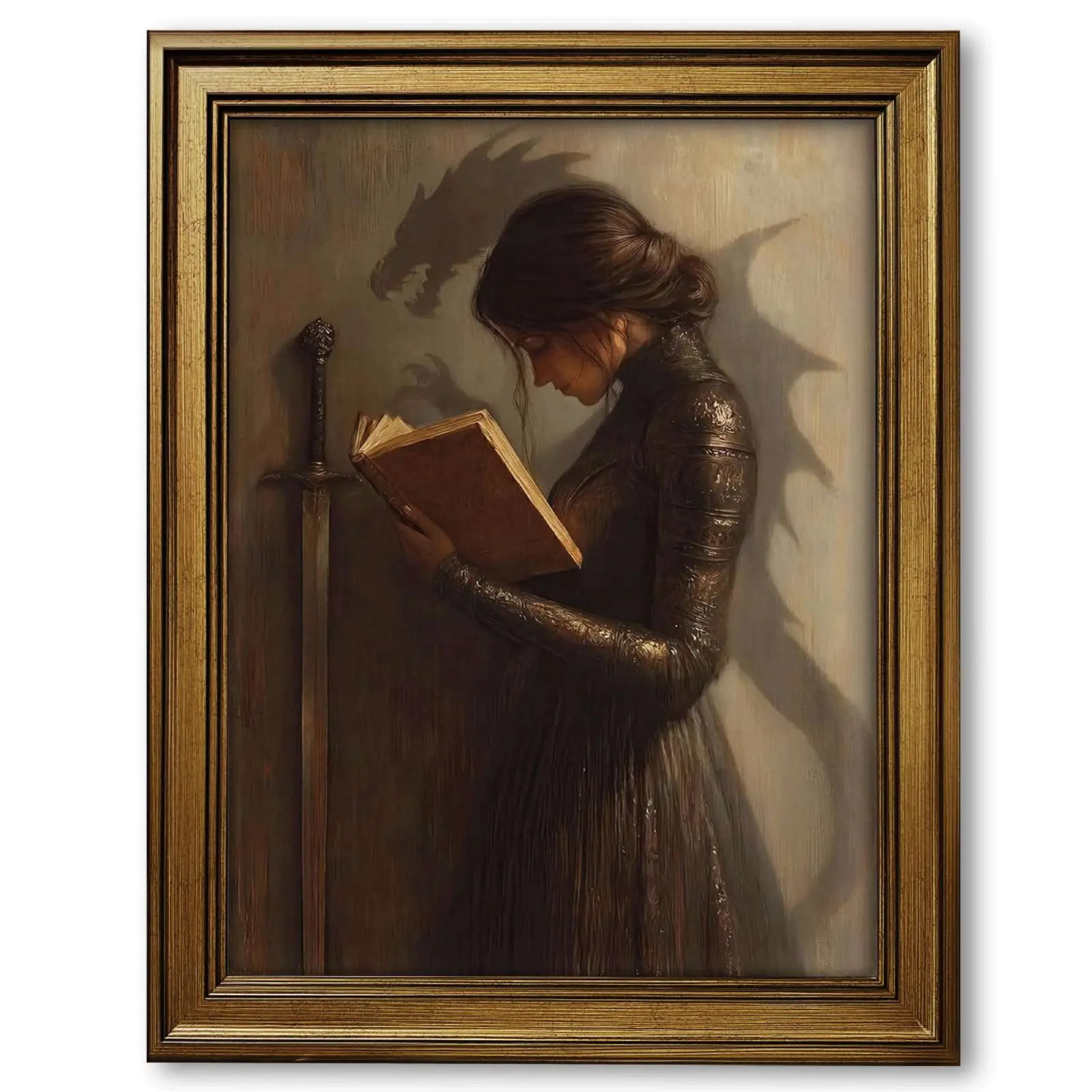 Artistic Antique Gold-Bronze Framed Stretch Canvas Wall Print - Medieval Woman Reading, Fantasy Dragon Shadow, Gothic Dark Academia Lounge Decor, Waterproof Poster for Bedroom, Lover Gift, Home Supplies