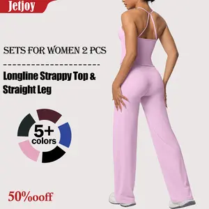 Jetjoy Workout Sets for Women 2 Piece, Gym Sets for Women Cross Back Tank Top Built in Bra Matching Straight Leg Bottoms Yoga Outfits Workout Tracksuits Work Out Clothes