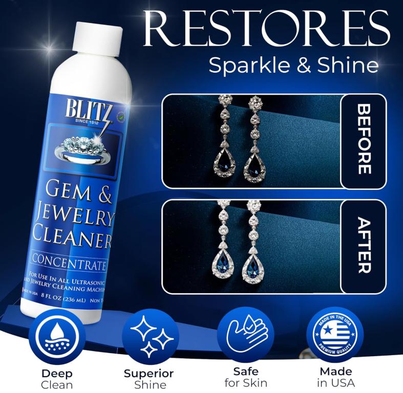 Blitz Gem & Jewelry Cleaner Liquid Concentrate for Gold, Silver, & Platinum Jewelry Cleans Non-Porous, Precious & Semi-Precious Stones. Non-Toxic, Non-Abrasive, & Planet Friendly Made in USA 8oz