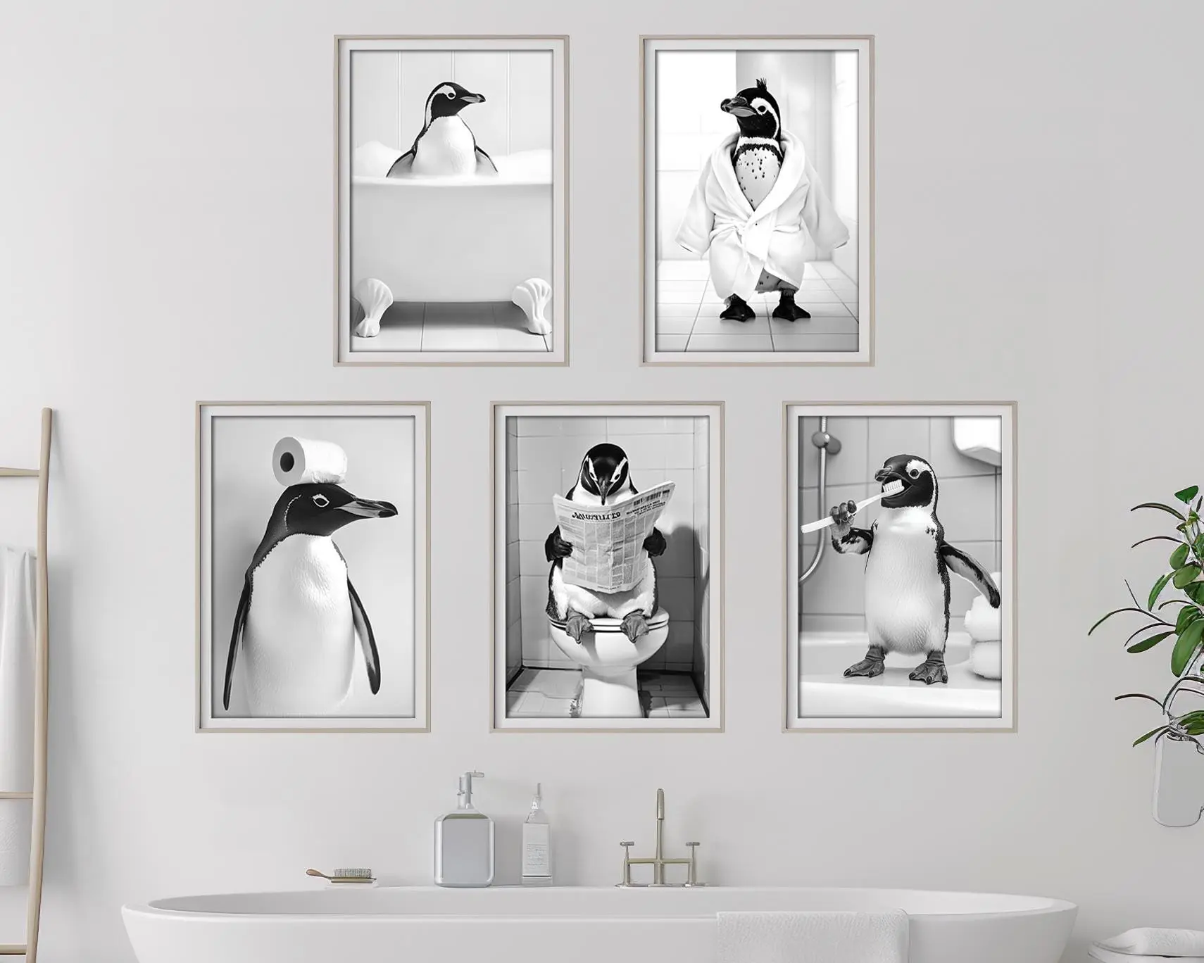Interesting Penguin Bathroom Wall Decoration Artwork Posters of Black and White Penguins in the Bathtub Suitable for Bathrooms Washrooms and Toilets