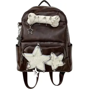 Cute PU Backpack Preppy, Y2K Star Vintage Fashion Bookbag, Aesthetic Emo 2000s Backpack for Women Men Casual Bag