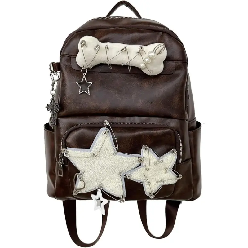 Cute PU Backpack Preppy, Y2K Star Vintage Fashion Bookbag, Aesthetic Emo 2000s Backpack for Women Men Casual Bag