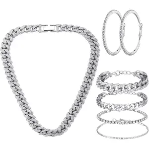 6 Pcs Link Chain jewelry sets for Woman with Rhinestone Necklace Bracelet Earrings Bling Diamond chunky Chain Jewelry
