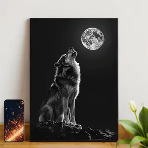 2D Flat, 2D Flat, Canvas Wall Art Featuring a Howling Wolf Under The Moon, Designed in Black And White. This Frameless Wildlife Decor Is Perfect for Enhancing The Ambiance of Your Bedroom, Living Room, Or Office