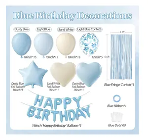 Blue Birthday Decorations for Women with Dusty Light Blue Confetti Sand White Foil Balloons Fringe Curtain Happy Birthday Banner for Birthday Party Decorations